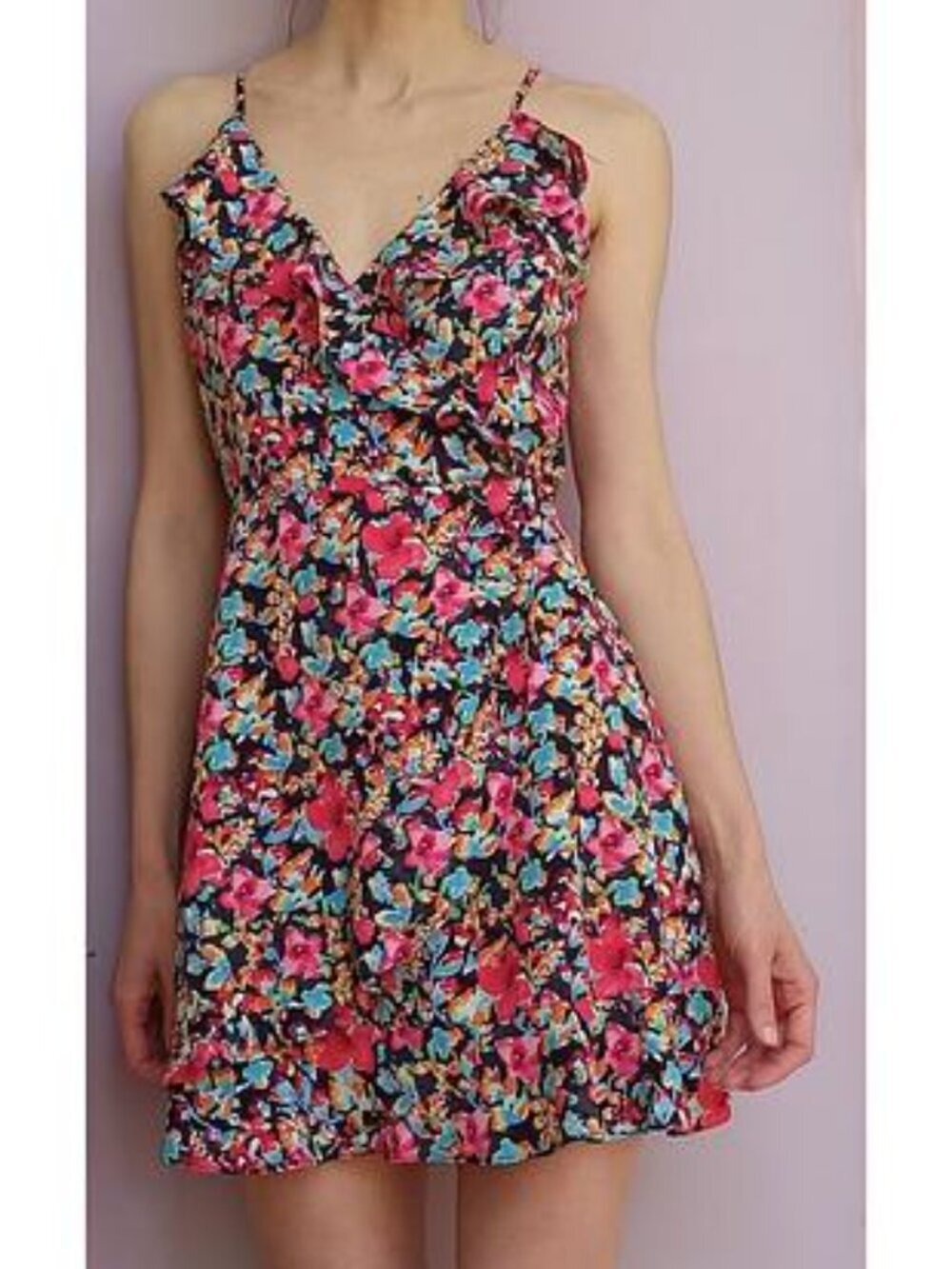 Zara Floral Dress with Ruffles and Lace Up Back